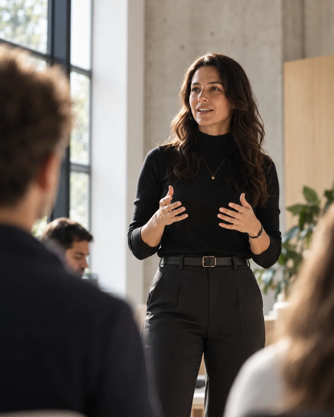 Facilitadora conduzindo um encontro de desenvolvimento, gesticulando diante de um grupo pequeno